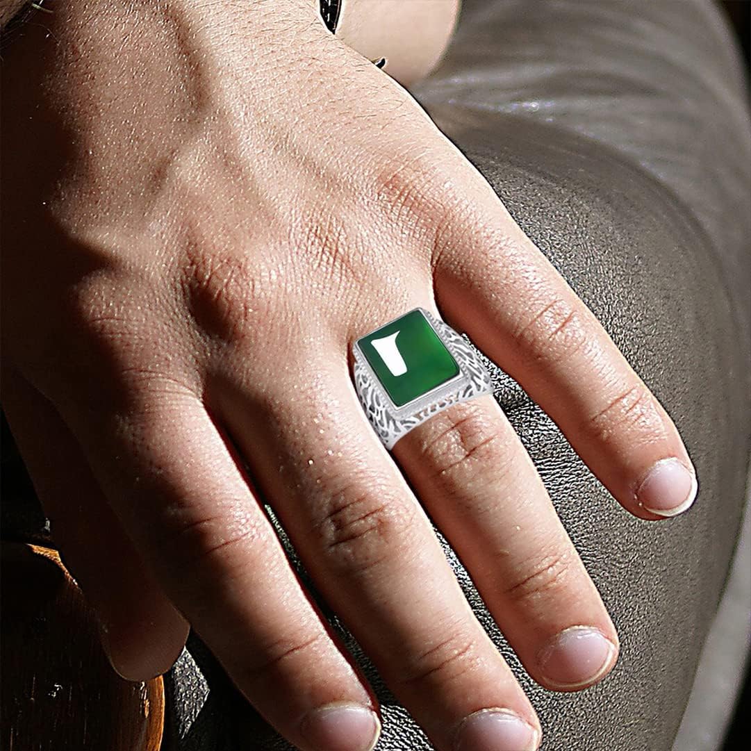 HAIXIAN Natural Agate Ring for Men, White Gold Plated Sterling Silver, Green Onyx Emerald Stone, Adjustable, Handmade Turkish Jewelry - Image 5