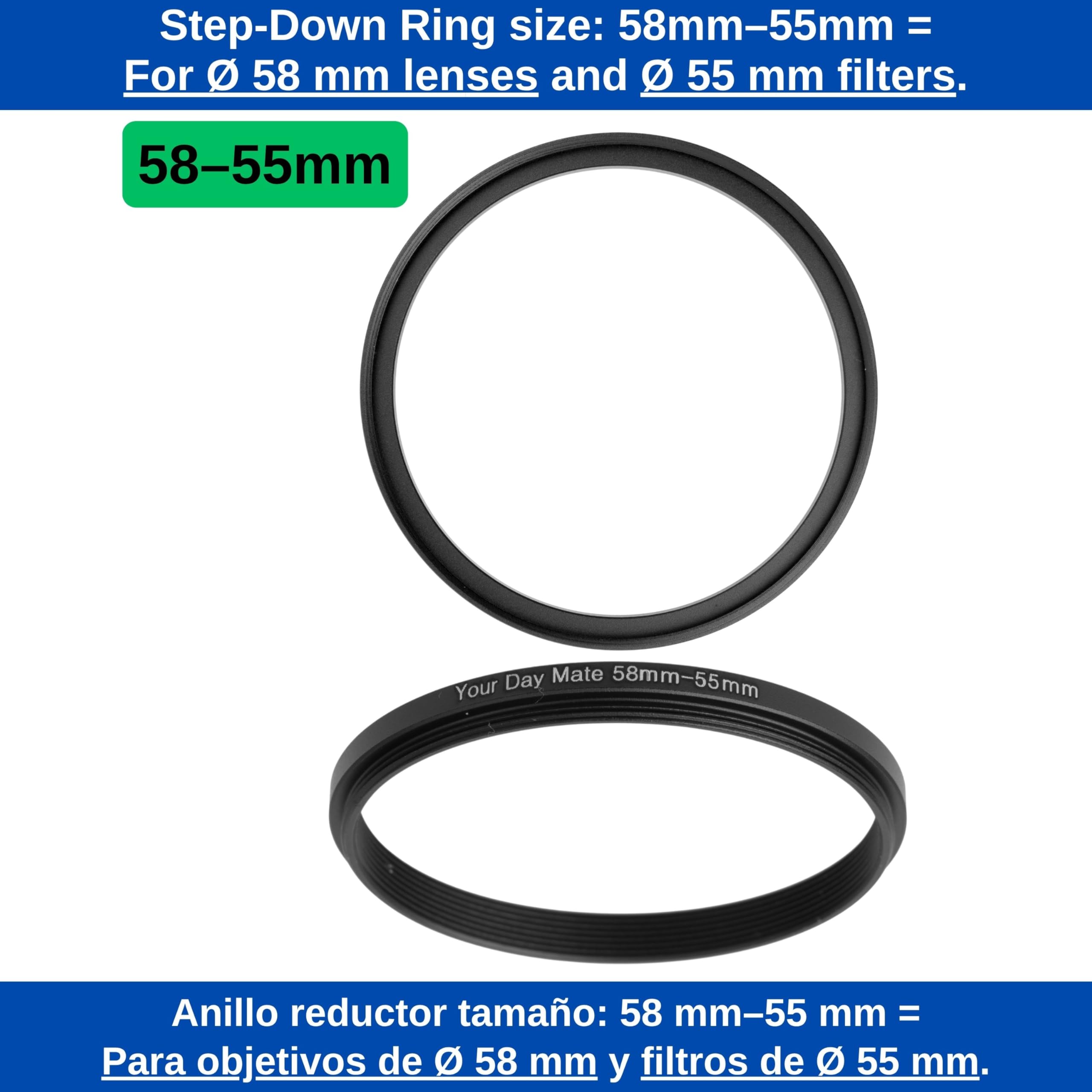 Step Down Ring, Ø 58 à 55 mm de diamètre, Compatible avec Les objectifs de Fabricants tels Que Canon, Sony, Nikon, Fujifilm, Adaptateur de Filtre pour Objectif d'appareil Photo, Step-Down Ring alu