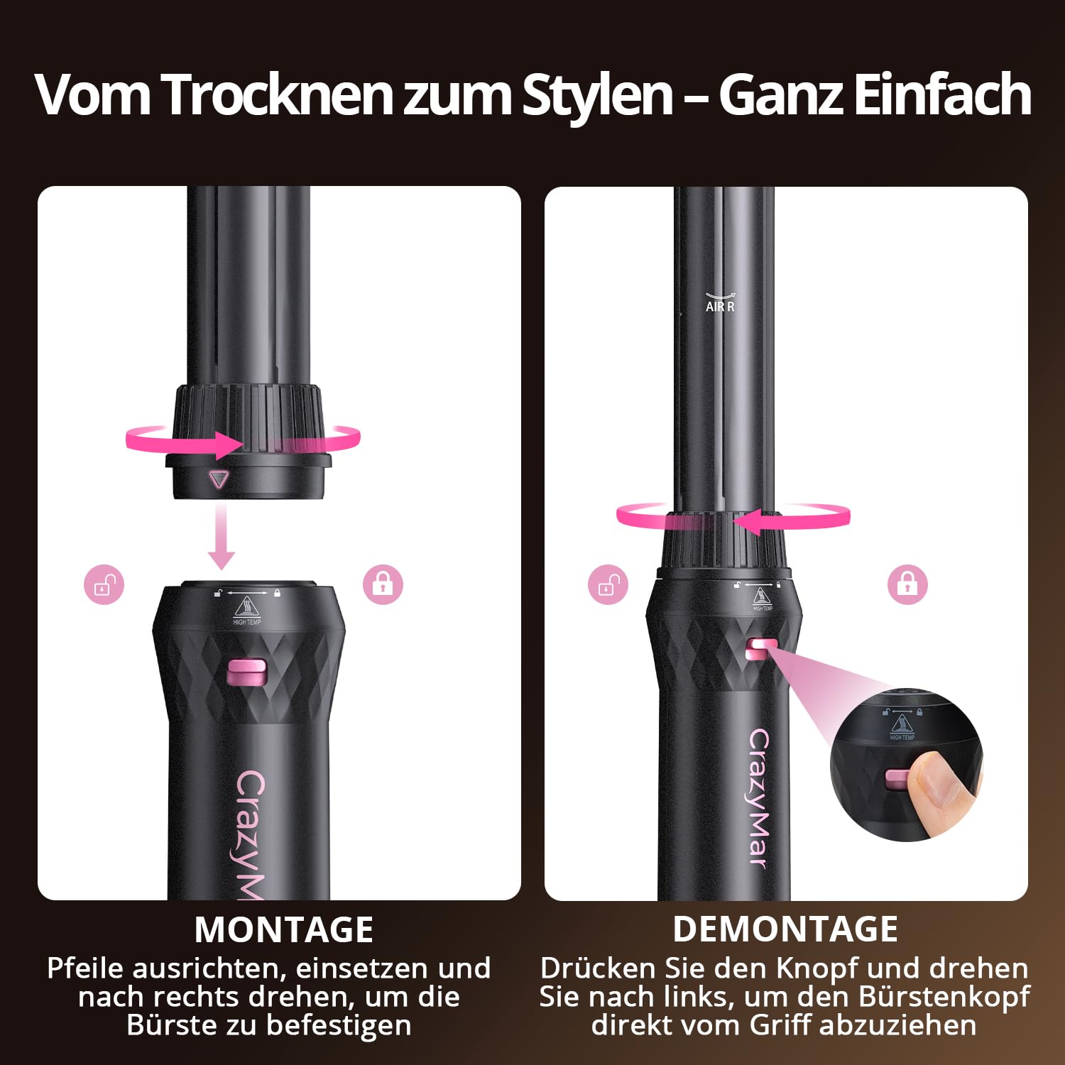 CrazyMar Rundbürstenföhn,7-in-1 Airstyler,Ionen Föhn & Lockenstab,110.000 U/min Warmluftbürste,Professioneller Hairstyler,Lockenstab Automatisch,Glätteisen,Zum Styling,Volumisieren,Locken und Glätten