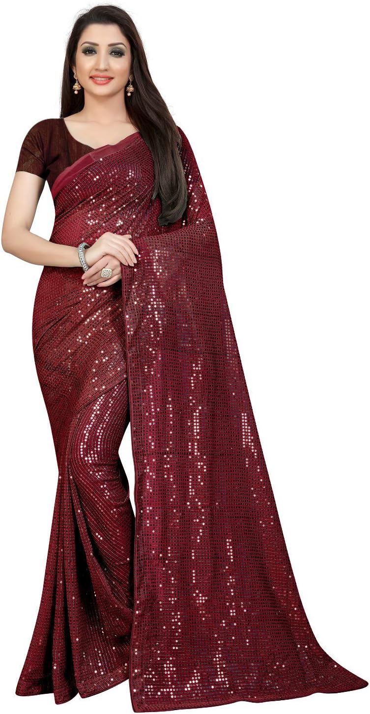 Florely Women's Pure Georgette sequence saree with unstiched blouse piece(Free size)