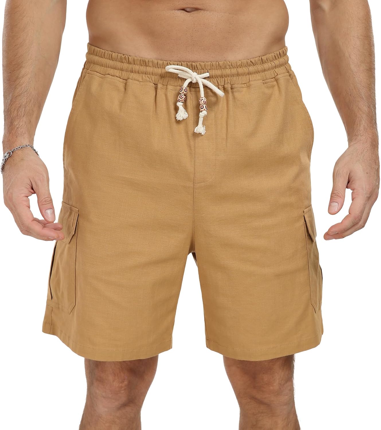 NITAGUT Men's Linen Shorts Summer Beach Casual Drawstring Shorts with Multi Pockets