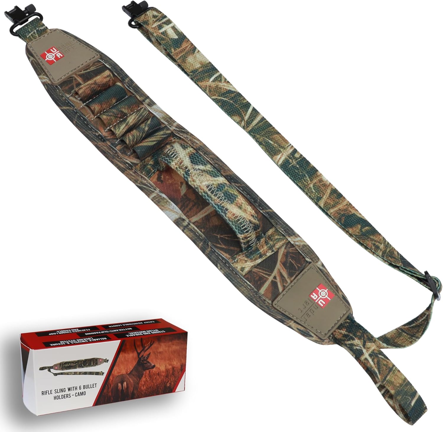 Rifle Sling with Bullet Holders and Swivels, Comfortable Neoprene Padded 2 Point Gun Sling, Adjustable Length Rifle Strap for Ruger 10/22, Savage Axis or Remington 700, Sturdy Hunting Strap, Camo