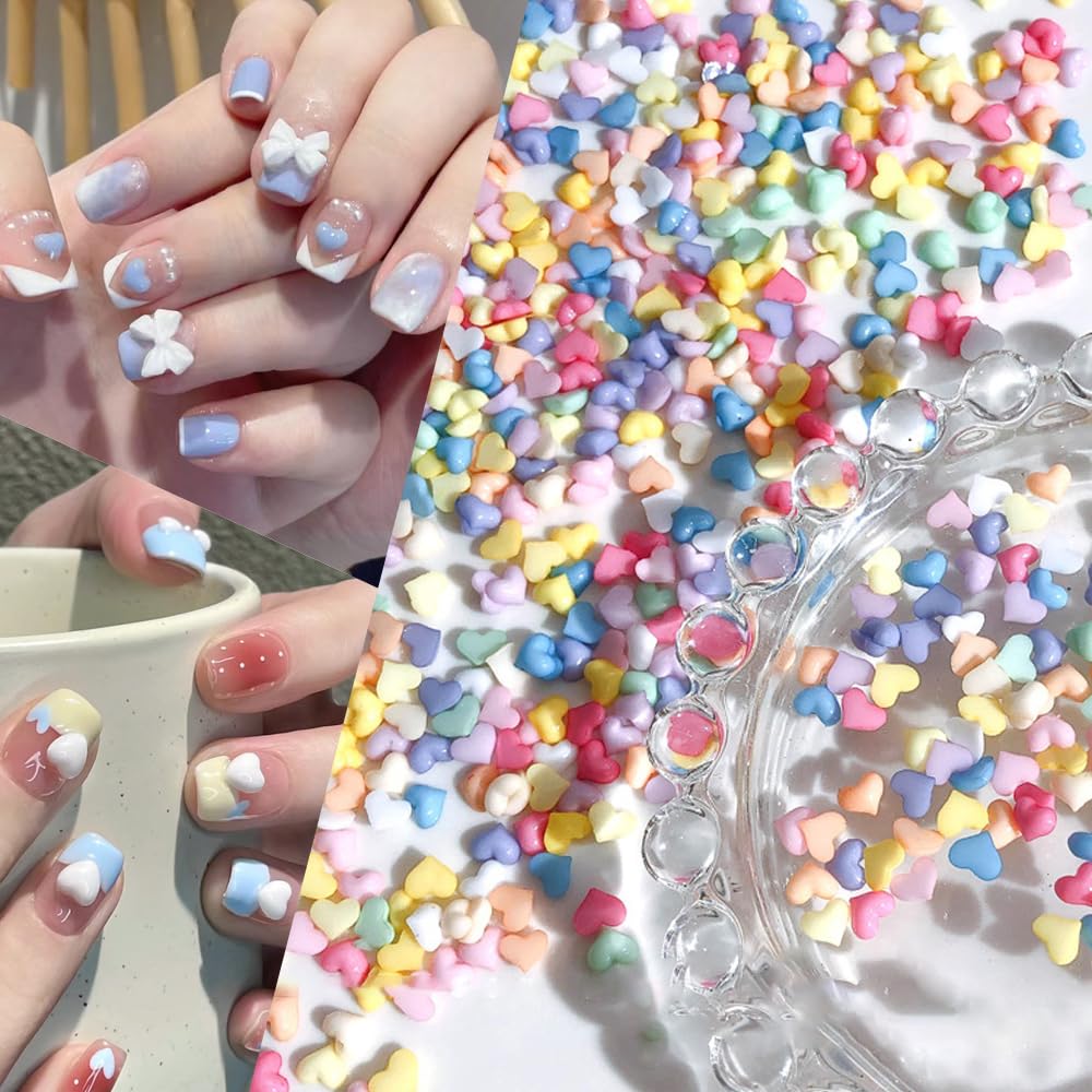 Kousitei 300PCS 3D Colorful Heart Nail Charms Acrylic Nail Art Love Nail Accessories Flatback Heart Resin Charms Nails Supplies for Women Girls Nail DIY Crafts Decorations