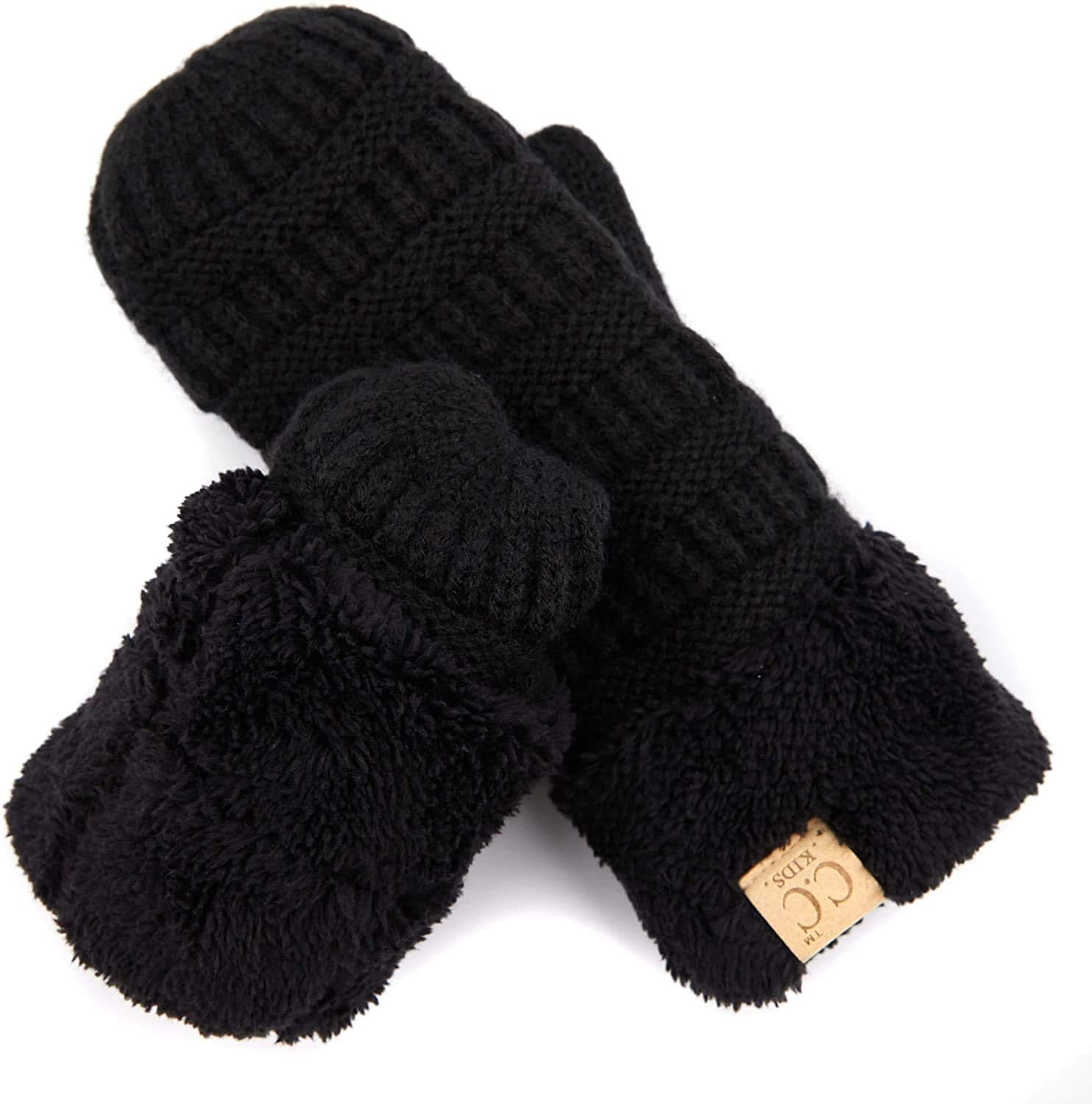 Funky Junque Matching 2 Pack Kids POM Beanie Hat & Lined Mittens- Faux Fur Pom - Black (M/L)
