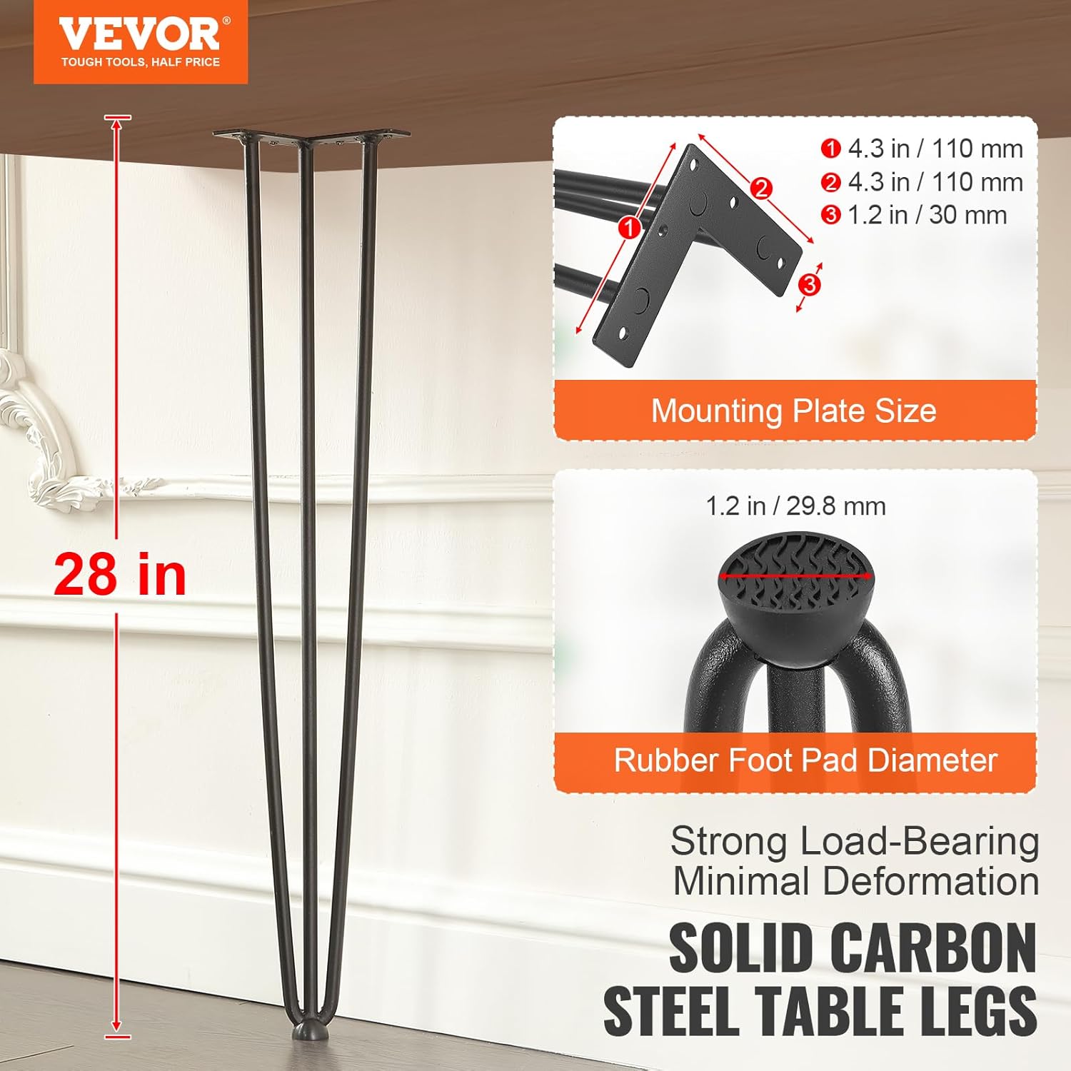 VEVOR Hairpin Table Legs 28", Set of 4 Desk Legs 900lbs Load Capacity, Hairpin Desk Legs 3 Rods for Desk Chairs Bench Dining End Table, Solid Carbon Steel Heavy Duty Furniture Legs Black Hairpin-3 rods solid 28 Inch
