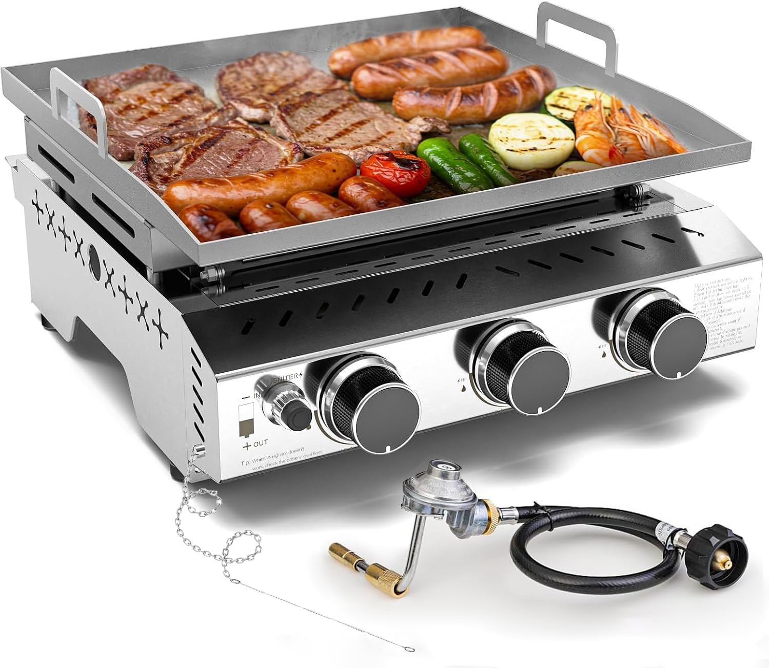 COWSAR 3-Burner Portable Tabletop Grill, 24000 BTU Stainless Steel Non-Stick Outdoor Portable Propane Griddle for Camping RV Backyard BBQ