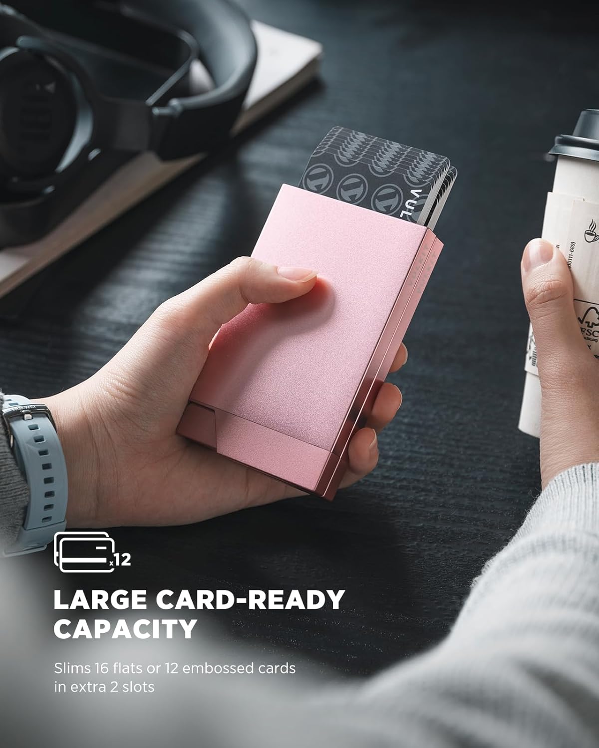 VULKIT Women's Double Sided Pop Up Credit Card Holder, Slim Twin Push Button Ejection Wallet Holder with RFID Blocking, Aluminium Alloy Frame Metal Card Case, Holds 12-16 Cards (Rose Gold) - Image 5