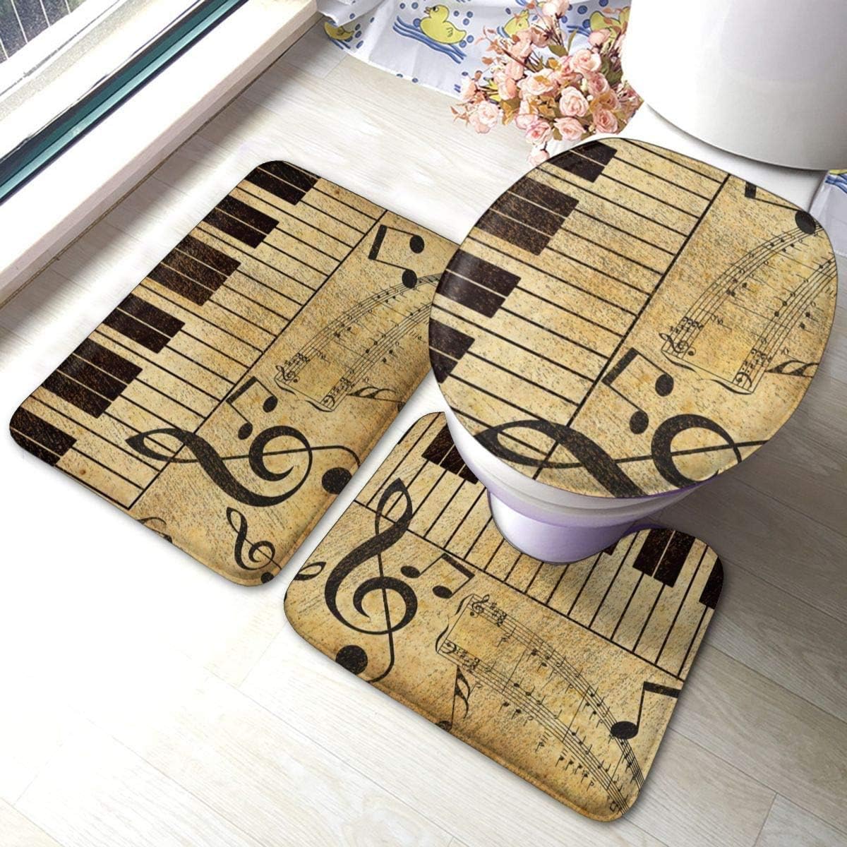 Vintage Music Note Piano Bathroom Mats,Anti-Skid Absorbent Toilet Seat Cover Bath Mat Lid Cover,3pcs/Set Rugs