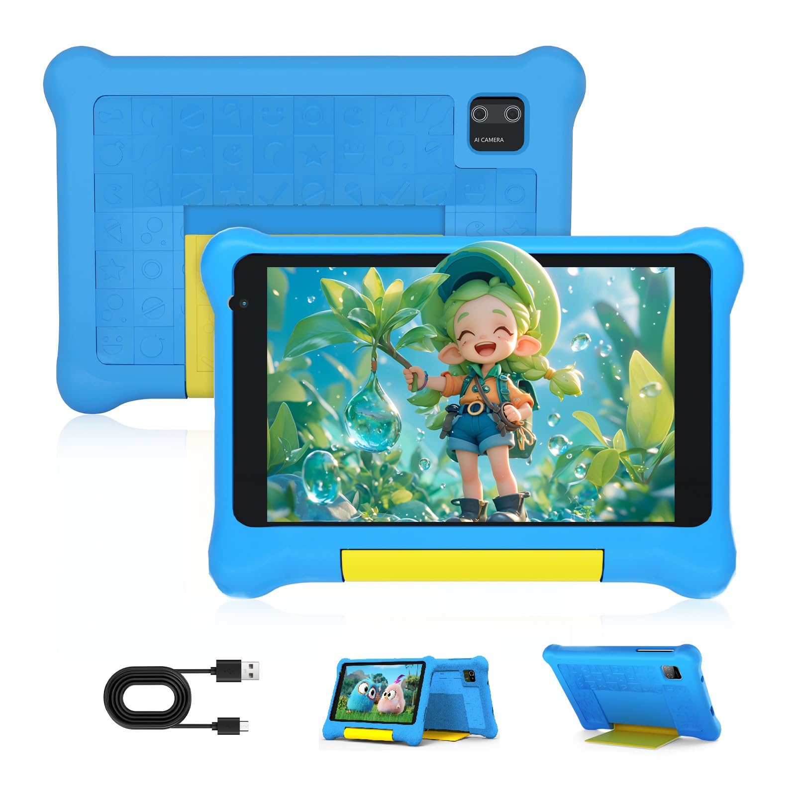 Byxsb Tablet per bambini 7 pollici Android 13, con controllo parentale e controllo parentale, Bluetooth, WiFi, doppia fotocamera, GMS, custodia antiurto, applicazioni pre-installate per bambini (Blu)