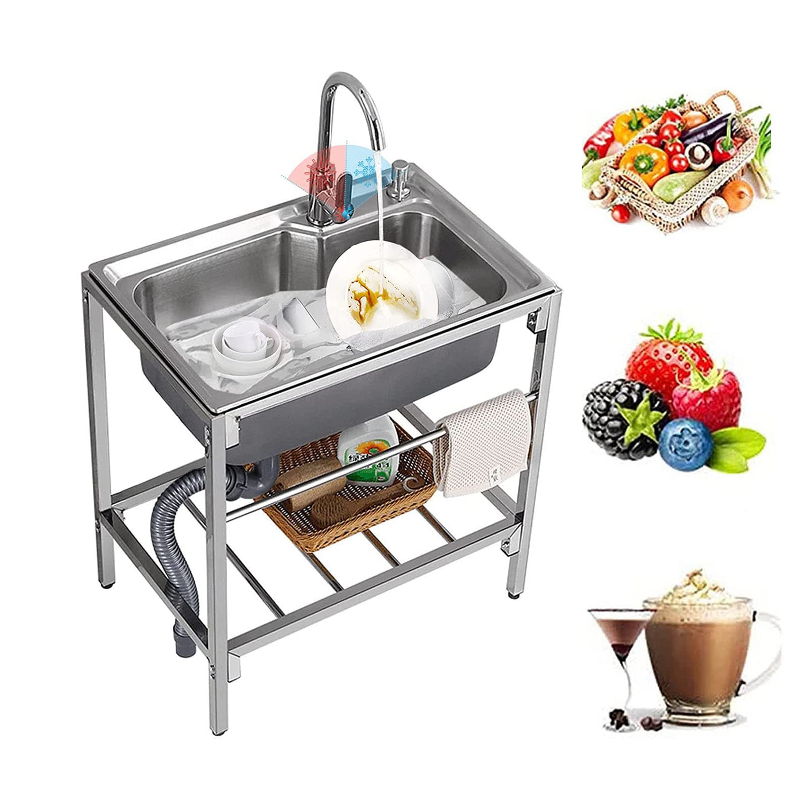 TAXXII Outdoor Sink Set,Freestanding Stainless Steel Single Bowl Sink, Commercial Restaurant Utility Kitchen Set with 360° Rotating Hot and Cold Faucet Drainage Plate Suitable for