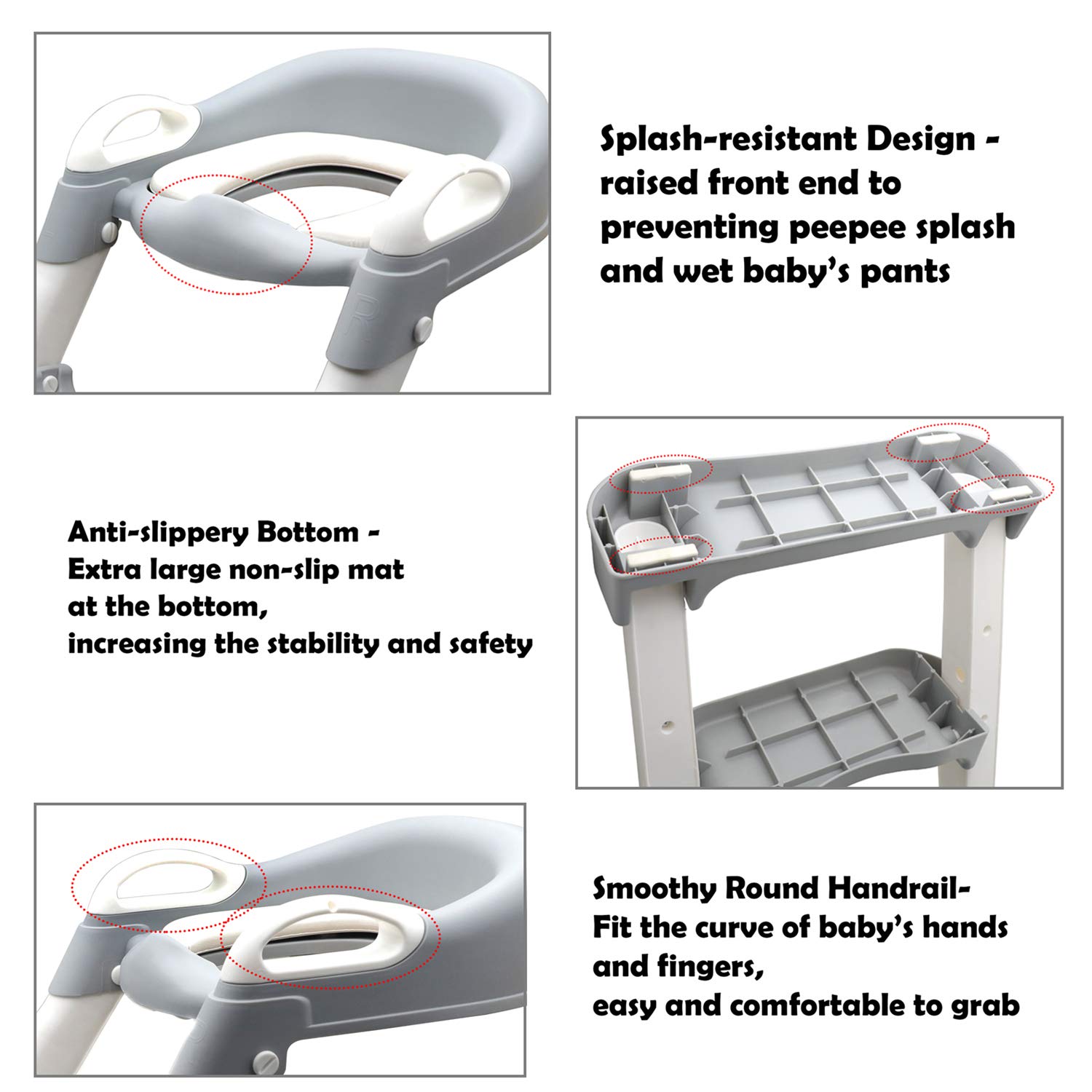 HTTMT - Asiento clásico de escalera de inodoro con cojín mejorado, silla de inodoro para bebés y niños pequeños, color gris [P/N: ET-BABY002-GRAY-C]
