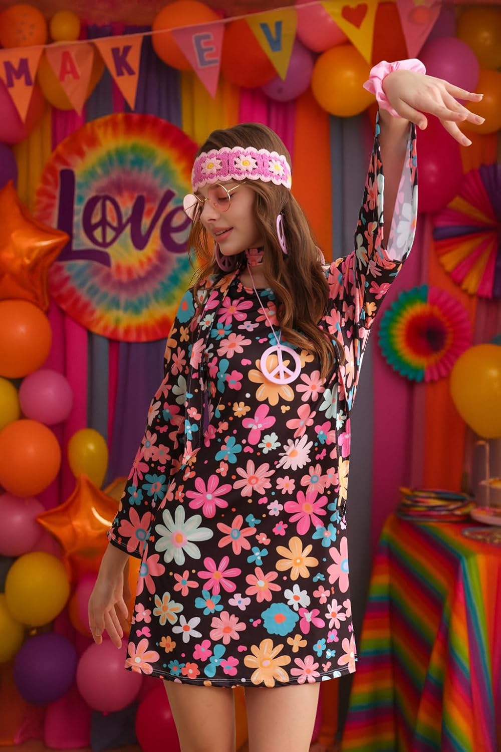 6070s Disco Outfit for Women Print Dress Psychedelic Hippie Costume Set for Halloween Party Cosplay - Image 2