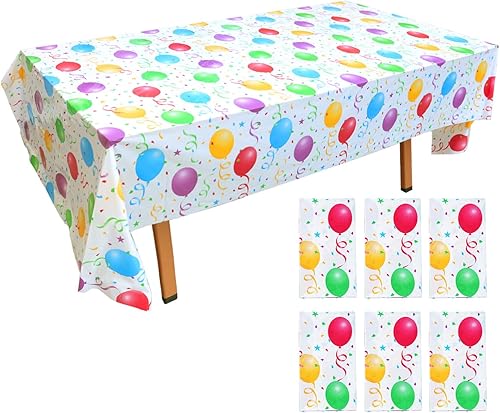 Paquete de 6 manteles de plástico para cumpleaños, manteles desechables de 54 x 108 pulgadas con patrón de globos, colorido e impermeable para