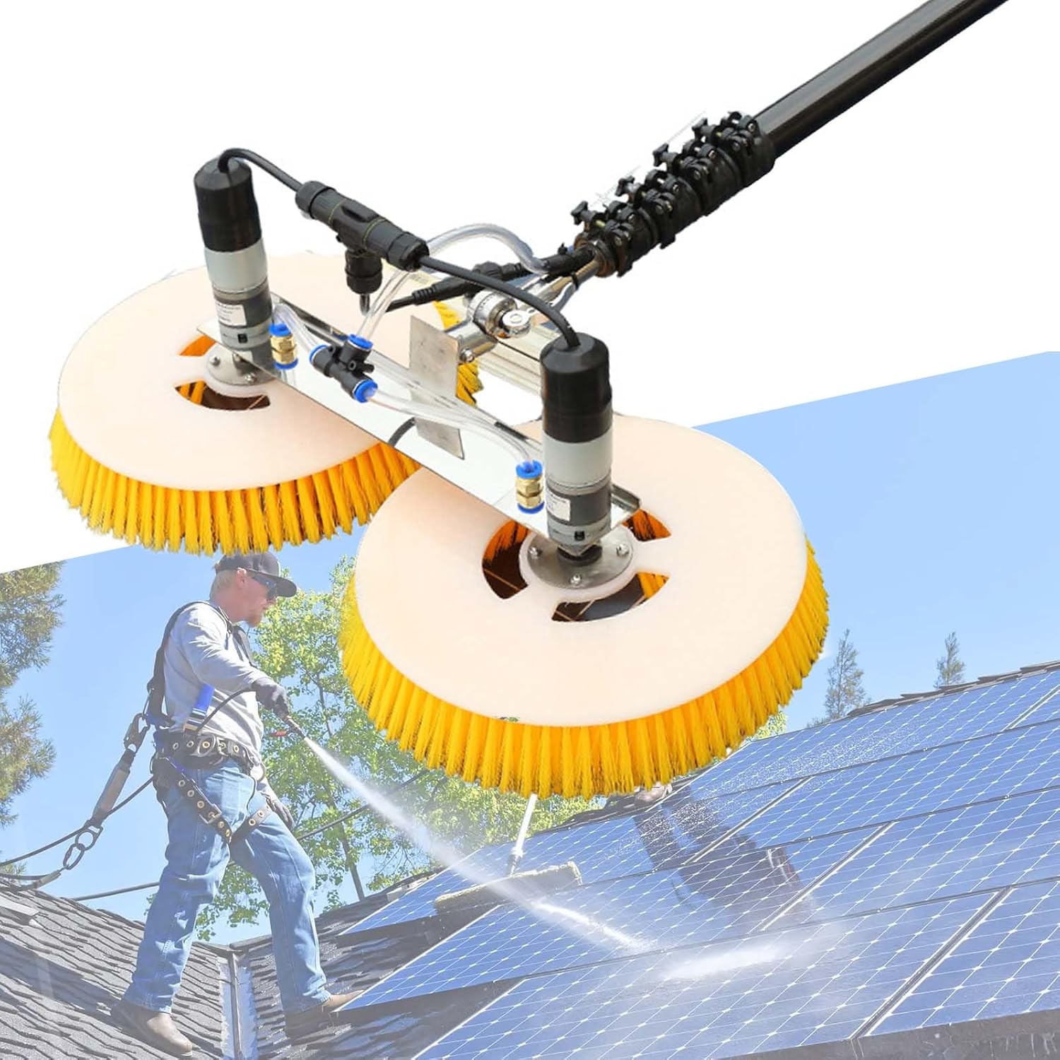 Solar Panel Cleaning Rotating Brush, Electric Power Generation Panel Components Cleaning Tool, 8M Telescopic Water Fed Pole, Window Glass Roof Outdoor Glass Brush