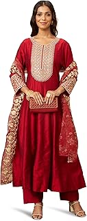 Amazon Brand - Myx Women's Embroidered Anarkali Kurta Pant Set with Organza Dupatta | A-line fit (Available in Plus Sizes) Price In India