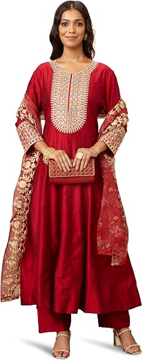 Amazon Brand - Myx Women's Embroidered Anarkali Kurta Pant Set with Organza Dupatta | A-line fit (Available in Plus Sizes)