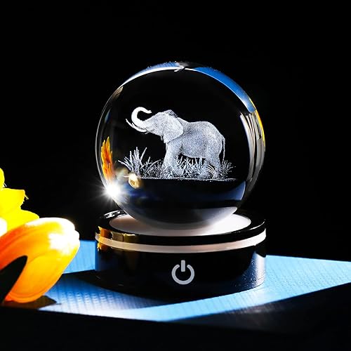Miniatura 6 de YWHL Figura de elefante 3D con bola de cristal con base de luz colorida, regalo de elefante para mujeres y hombres en Navidad o cumpleaños, bola