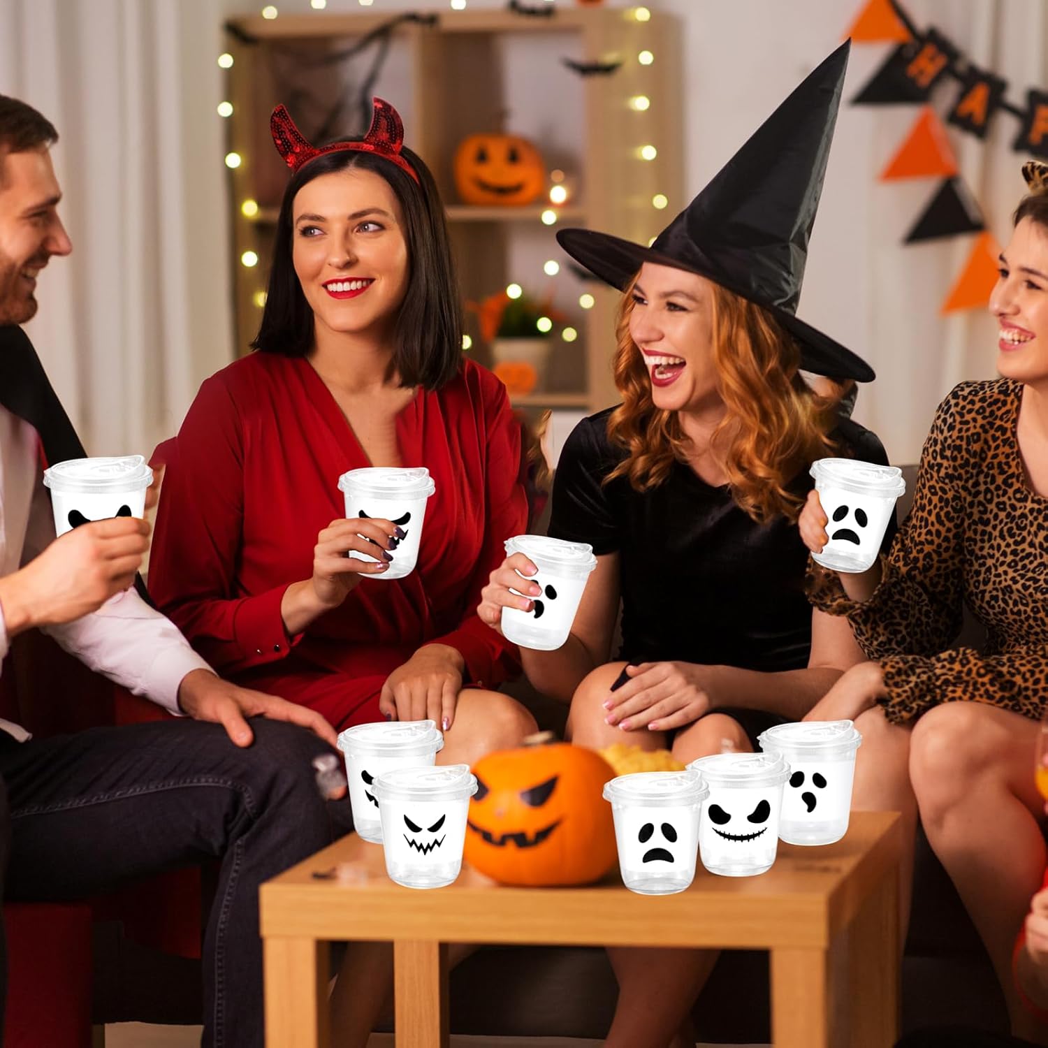 12oz White Black Ghost Halloween Disposable Plastic Cups With Strawless Sip Lids Happy Halloween clear Cups for Party Supplies Coffee, Beer, Drinks, Ice Cream, Snack and More (50) - Image 4