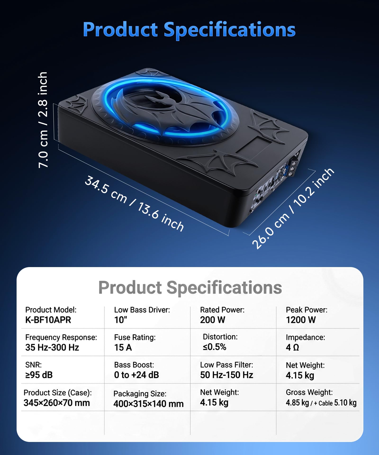 Subwoofer Attivo per Auto da 1200W 10 Pollici, Set Subwoofer e Amplificatore Ultrapiatto ad Alta Potenza da Posizionare Sotto il Sedile con Luce RGB Sincronizzata al Ritmo, Modello di pipistrello
