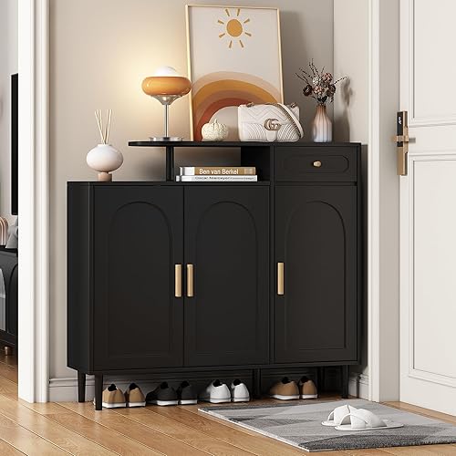 Vista 89 de Armario de zapatos independiente con 4 cajones abatibles, moderno organizador de almacenamiento de zapatos de 2 niveles con cajones, zapatero 4