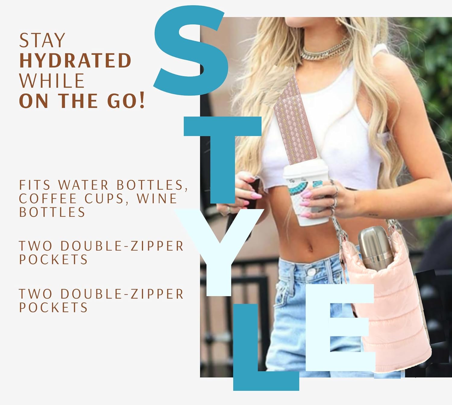 Original Crossbody Water Bottle Holder Bag with Strap.Stylish Puffer Bag.Pockets for Phone & Accessories.BEST GIFT