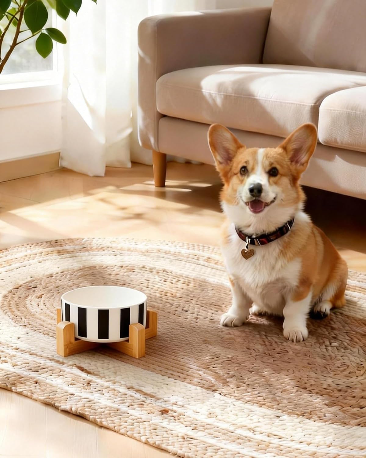 TRUVIC Ceramic Dog Bowl with Wood Stand, Black and White Checkered & Striped Dog Food and Water Bowl, 2 Cup/14 oz Elevated Puppy Food Bowl for Medium Dogs, Dishwasher Safe, Modern Geometric, Striped
