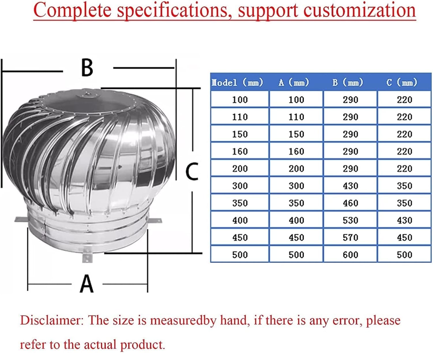 GBEN Anti Downdraught Chimney Cowl,Roof Vent Cap,Turbine Ventilator Stainless Steel Rotating Chimney Cowl Cap with Claw Base Energy Saving for Houses Factory Attic Farm 22.10.8 (Size : 500mm) : Tools & Home Improvement