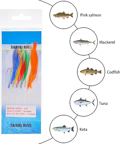 Miniatura 6 de Kit de aparejo de cebo de pesca, aparejo de plumas de caballa para señuelos de pesca, anzuelos de perca, señuelo de arrastre con ganchos de púas