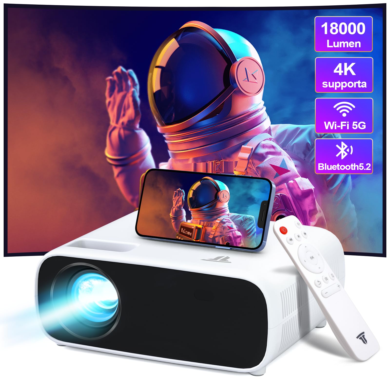 Proiettore Full HD 1080P Wielio Con WiFi/Bluetooth 5.2 - 18000 Lumen, Supporto 4K, Compatibile IOS/Android, Fino A 200 Pollici