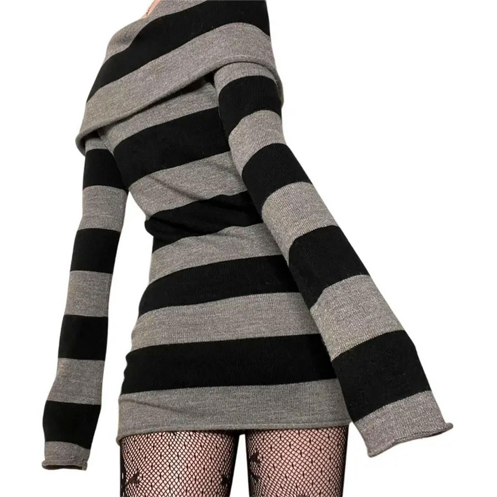 Y2K sweter w paski mini sukienka centrum handlowe gotycki grunge emo bodycon szykowne kobiety z odkrytymi ramionami pełny rękaw slim fit sukienki 00s vintage