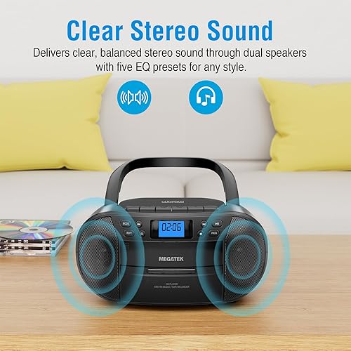 Miniatura 8 de MEGATEK CBR510 Reproductor portátil de CDcassette Boombox con Bluetooth, radio AMFM, reproducción USB, entrada AUX, conector para auriculares,
