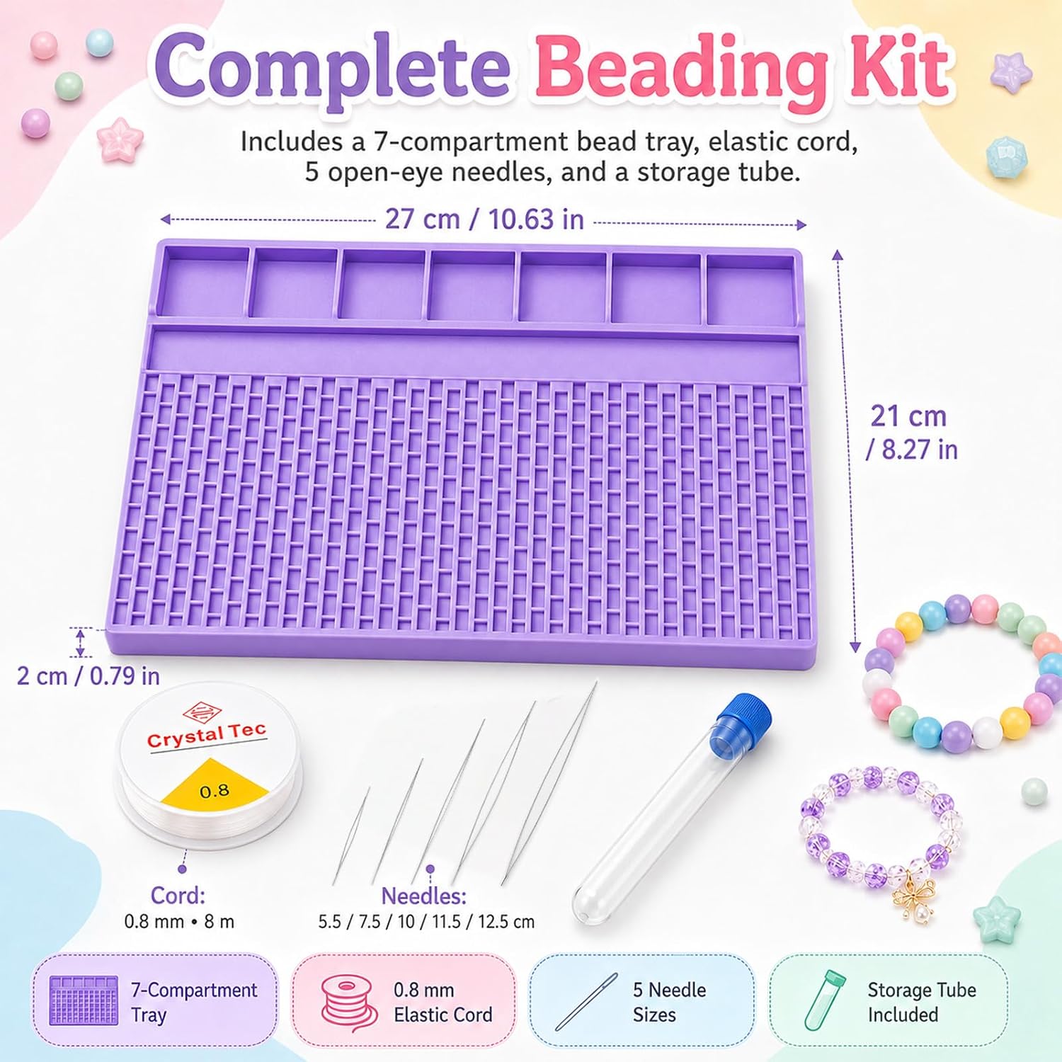 Pony Bead Tray for 6x9mm Beads, Lavender Kandi Bead Bracelet Making Board Kit with 8M Elastic Cord, 5 Sizes Beading Needles & Storage Tube, Large Bead Design Board for DIY Crafts & Festival Jewelry