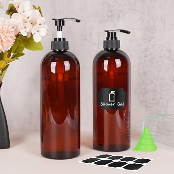 3 Pack Pump Bottle Dispenser, 1000ml/33.82oz Dispenser Bottle with Pump, Refillable PET Empty Shampoo and Conditioner Dispensers with Funnel and Label for Cleaning, Travel, Liquids