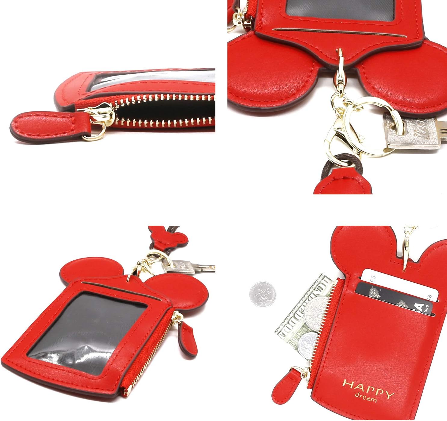 ID Holder With Lanyard Badge Holder,PU Leather newchic Cute Animal Shape neck wallet for Women(Black & Red)