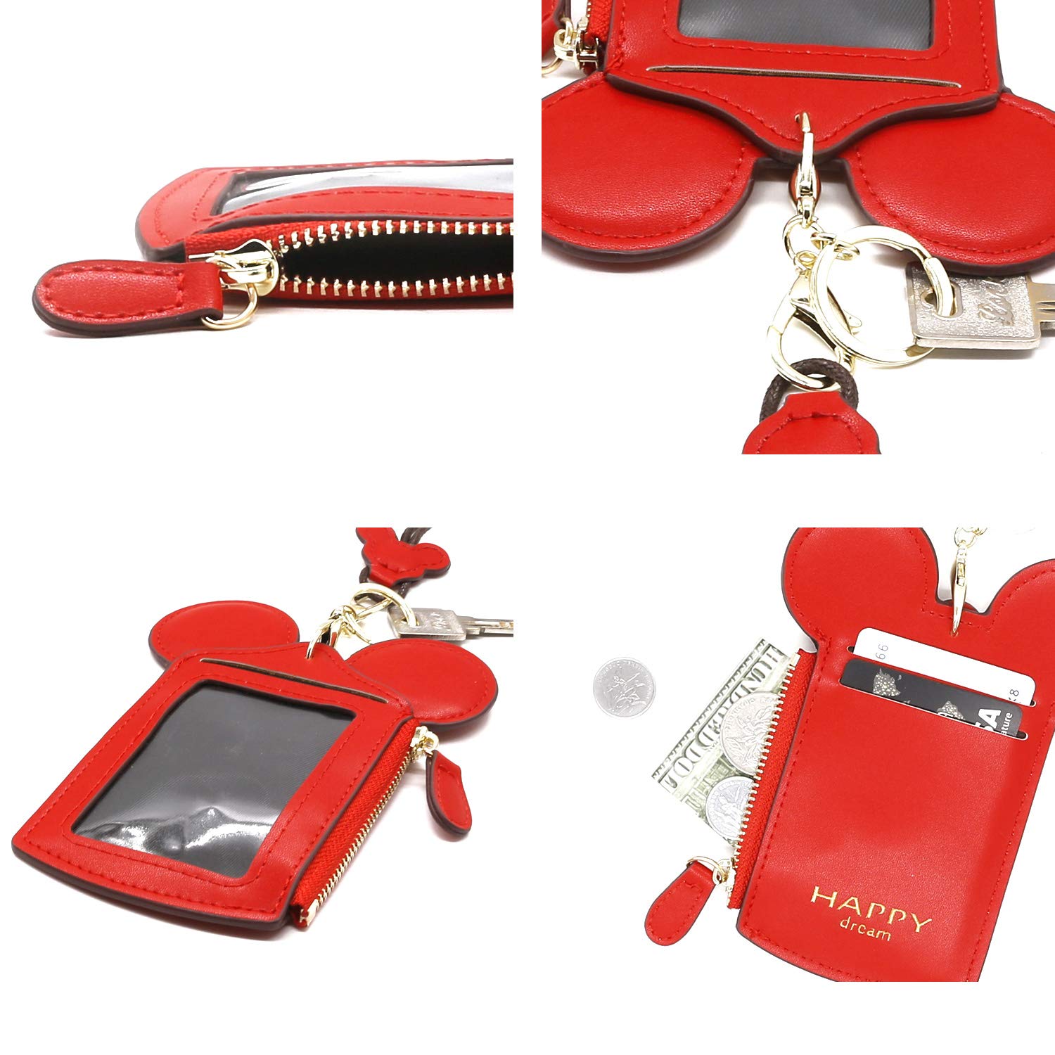 Soporte de identificación con soporte para credencial con cordón, piel sintética, cartera de cuello con forma de animal lindo para mujer (rojo) 6