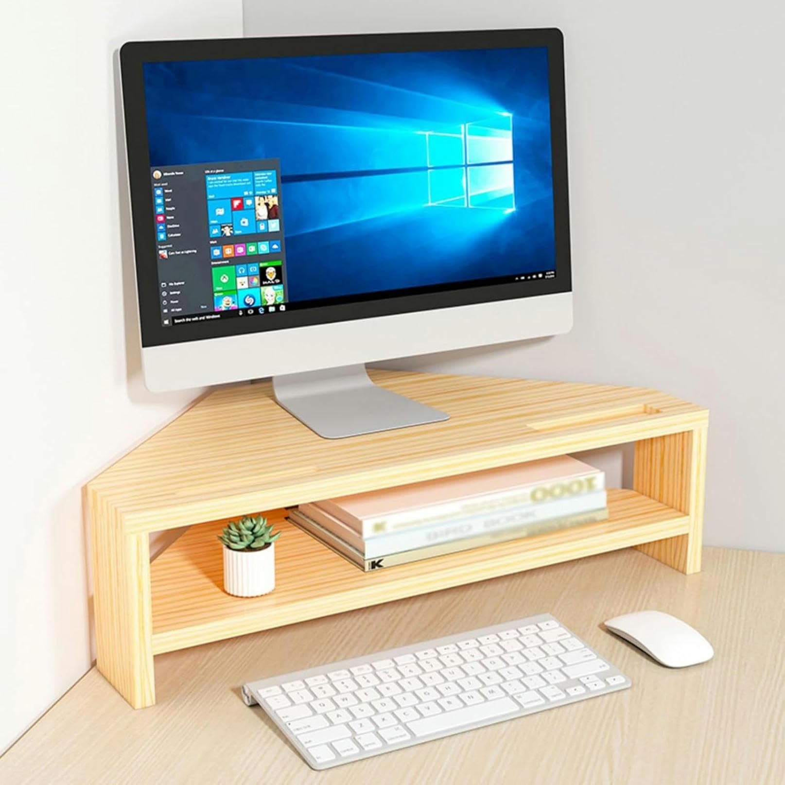 SDGcfgjW corner desks， Solid Wood Corner Monitor Riser, Ergonomic Triangle Screen Stand with Double Storage Space