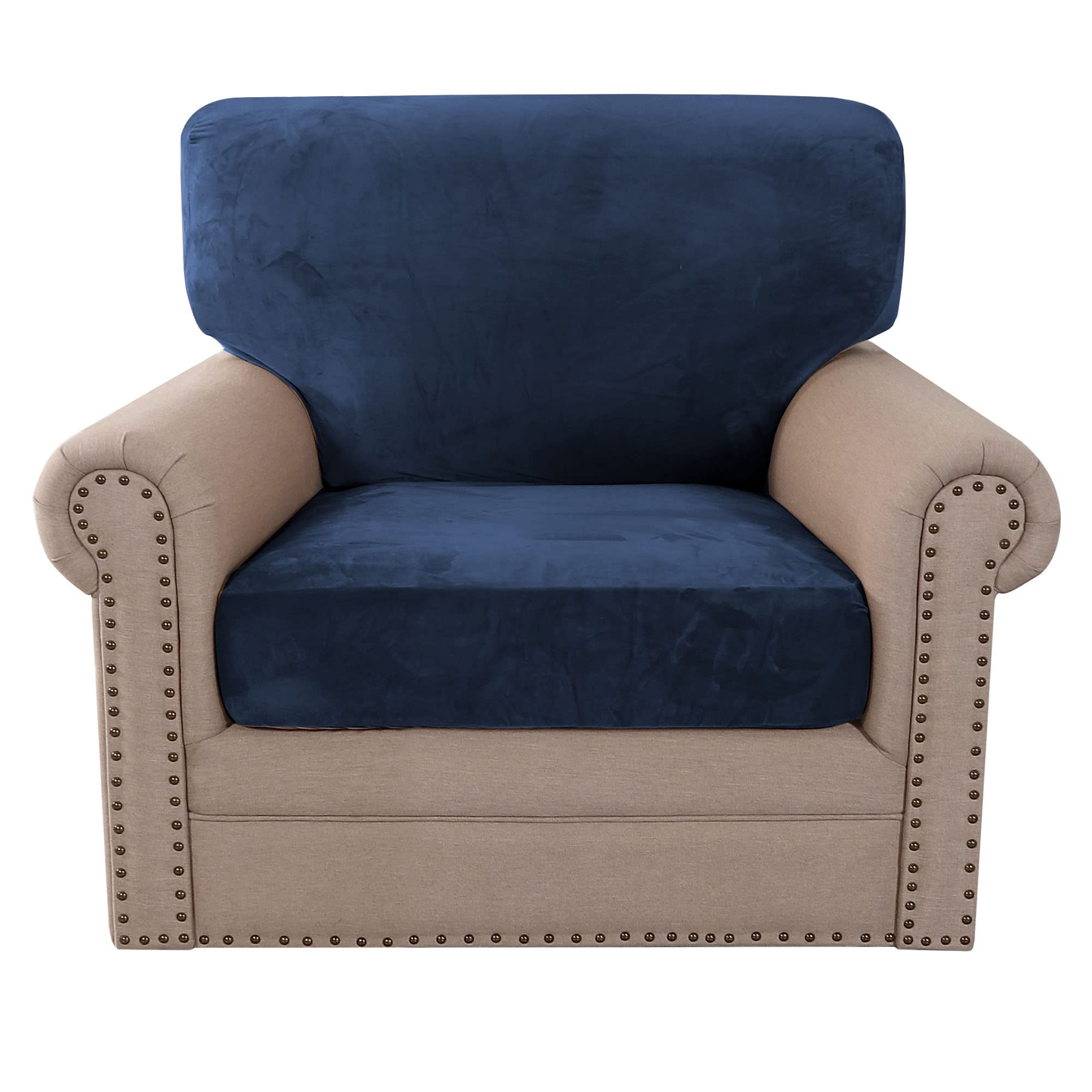GAMUKAI 2 Piece Stretch Cushion Covers with Sofa Backrest T Cushion Slipcovers Set Suitable for Armchair Loveseat Sofa, Velvet Couch Back and Seat Cushion Covers Set (Navy, Armchair)