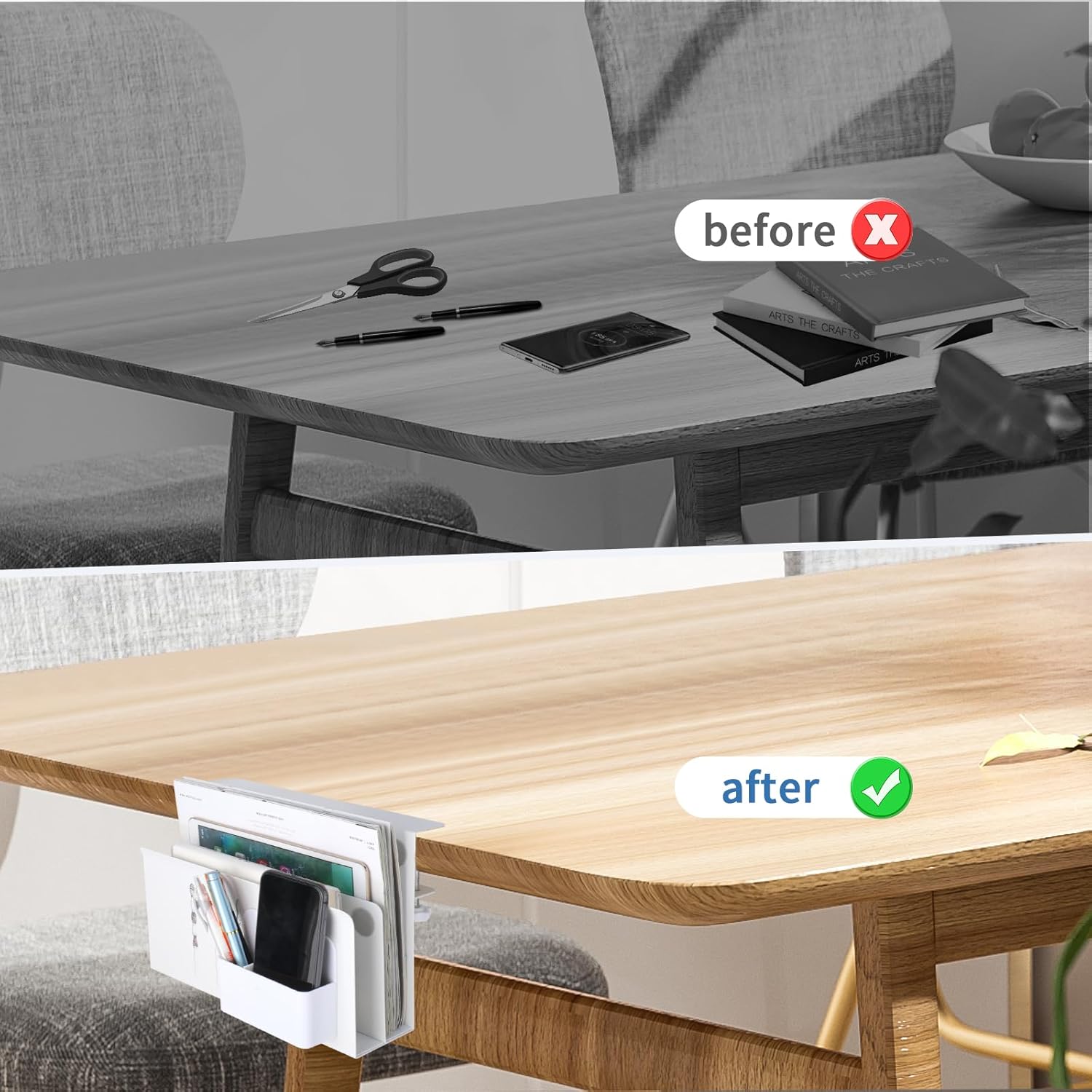 2 Tier Desk Side Storage, Under Desk Laptop Holder with Magnetic Pen Holder, Clamp on Table Organizer, No Drill Hanging Table Organizer for Office and Home Fits Flat Edge 0.3" to 2.3"