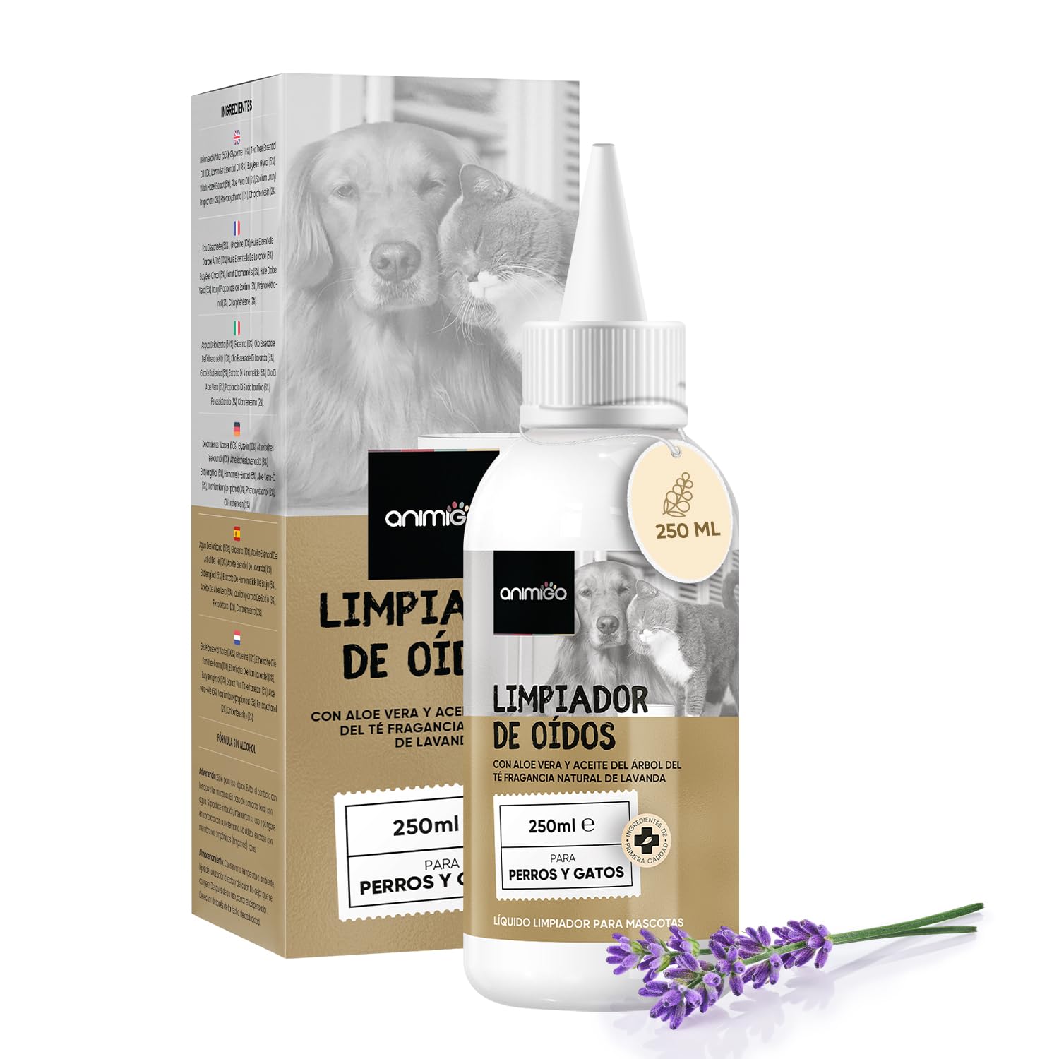Limpiador de Oídos Perros y Gatos 250ml en Gotas - Natural, con Aloe Vera y Lavanda, Sin Alcohol | Solución Limpieza Oídos Perros y Gatos, Higiene Suciedad y Cera en las Orejas, Tratamiento Efectivo