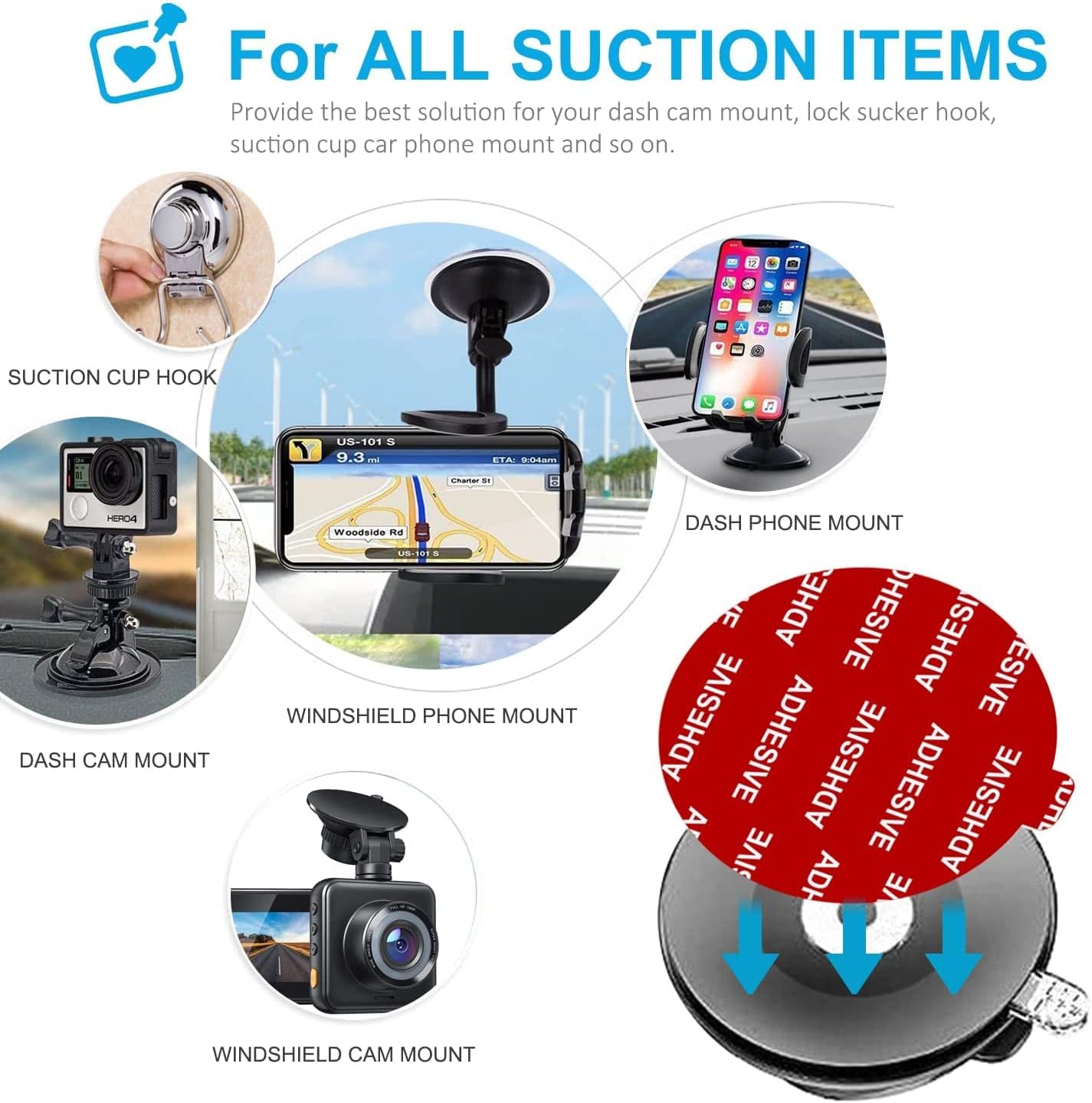 53mm2 09inch adhesives for suction cup mount 6pcs double sided stickers compatible with car dashboard pad mounting disk gps dash cam socket mount