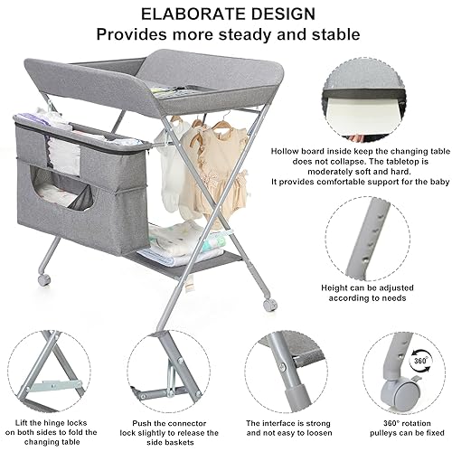 Miniatura 5 de Cambiador portátil para bebés con altura ajustable, mesa de pañales plegable con ruedas, almohadilla impermeable, cinturón de seguridad y estantes