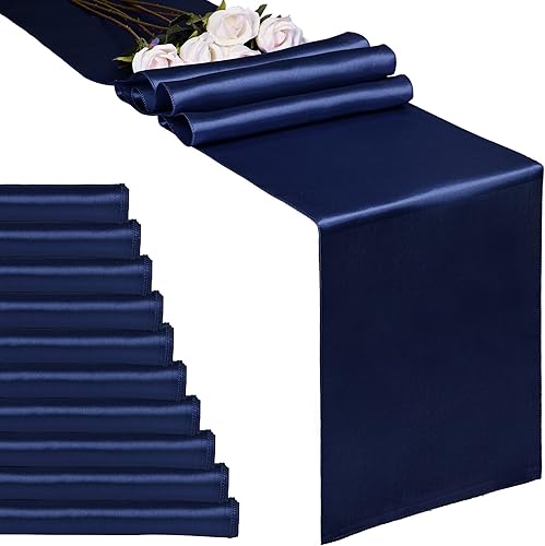 Paquete de 10 caminos de mesa de satén azul marino de 12 x 108 pulgadas de largo para bodas, decoraciones para fiestas de cumpleaños, banquetes,