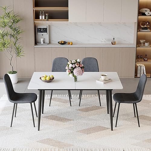 Miniatura 17 de FURNITO Juego de Mesa de Comedor de 7 Piezas, Mesa de Comedor Extensible de 59"-75" con 6 Sillas Tapizadas, Juego Blanco de Mesa y Sillas de Cocina