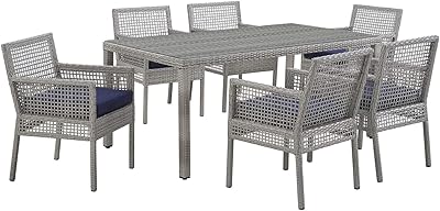 Modway Aura Wicker Rattan 7-Piece Outdoor Patio Dining Set with 68" Rectangle Dining Table and 6 Dining Armchairs in Gray Navy