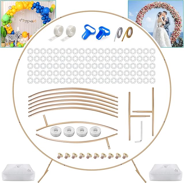 PlusFive 2.2M Metal Round Balloon Arch kit, 7.2ft Golden Circle Balloon Arch Stand Garden Plants Vines Climbing Frame Background Decoration for Wedding Birthday Baby Shower Party Supplies Decorations