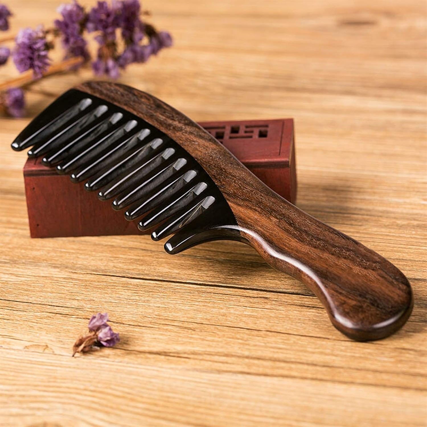 Natural Black Buffalo Horn Comb Wide Tooth Comb, No Static, No Tangle, Handmade Comb Quality Wooden Comb Beauty Gifts for Girlfriend and Mom Hair comb
