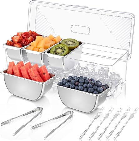 Large Ice Chilled Condiment Server Caddy with 5 Stainless Steel