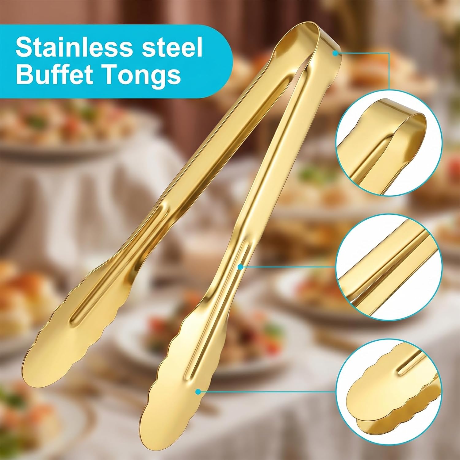 12 Pack Gold Serving Tongs, Stainless Steel Buffet Tongs, 9 Inch