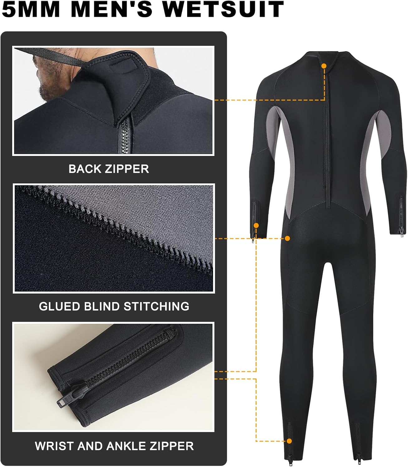 DEHAI 5mm Wetsuit Mens Neoprene Diving Wet Suits Long Sleeve Back Zipper Full Body Thermal Swimsuit in Cold Water Keep Warm for Swimming Scuba Surfing