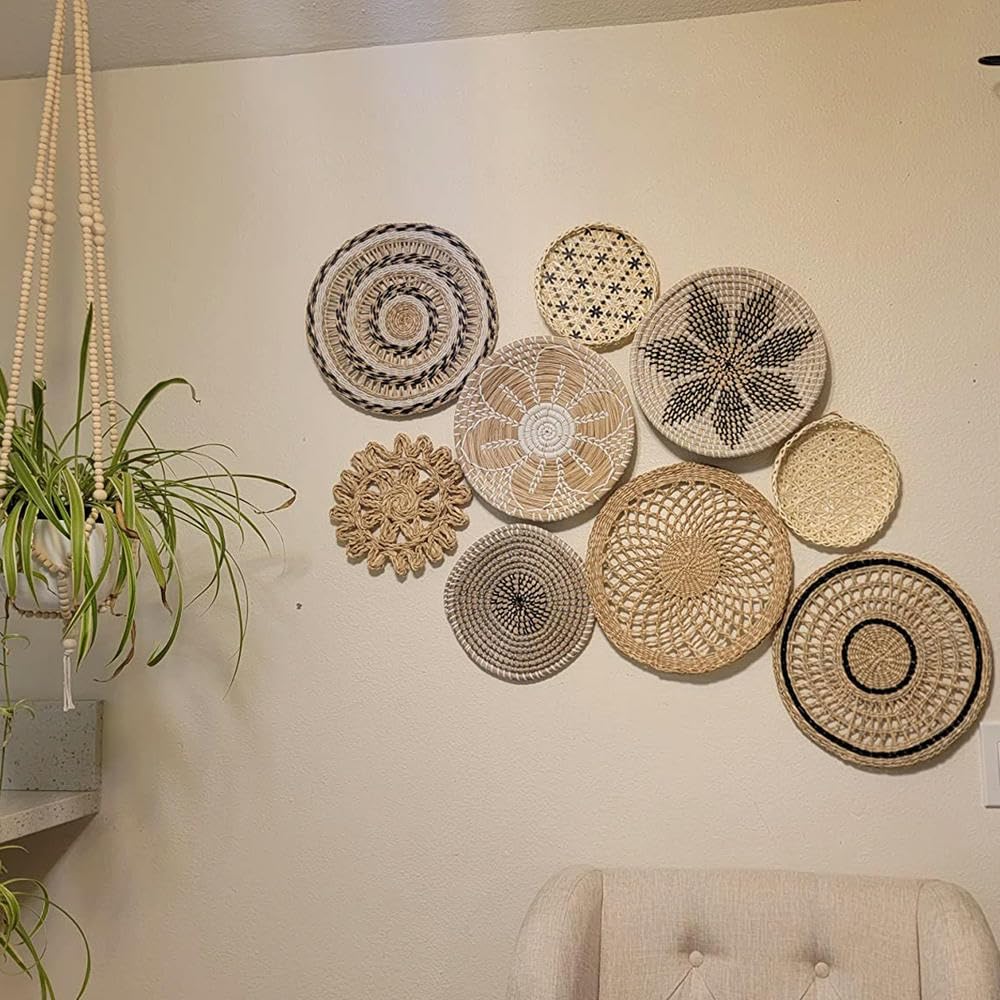 Juego de decoración de Pared de 9 Decoraciones para el hogar, decoración de Pared de ratán, Cesta de Mimbre, cestas Colgantes para Pared, Platos Decorativos para Pared